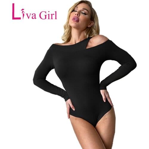 LIVA GIRL Woman Sexy Long Sleeve Asymmetric Collar Bodysuit 2021 Spring Autumn Solid One Piece Tops Female Jumpsuit Romper S-L