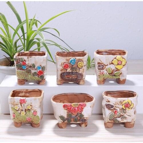 Cute Hand Painted Floral Flowerpot Coarse Poterry Flowerpot Ceramic Garden Art Succulent Plant Pot Office Desktop Decoration