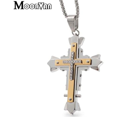 Moorvan Man Crucifix Necklace 55cm Chains with Rhinestone Double Layer Cross Pendants Stainless Steel Fashion New For Men