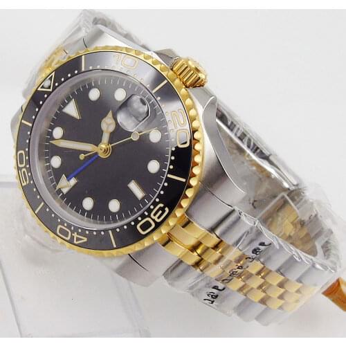 BLIGER Gold Coated Self Winding 40mm Men Watch Sapphire Glass GMT Sterile Dial Jubilee Band