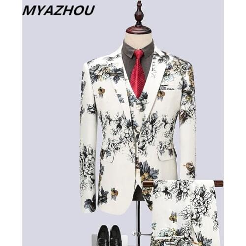 3 piece set printing suit male 2019 new black white groom wedding dress suit large size banquet party dress mens brand clothing