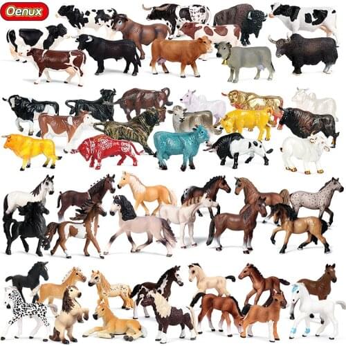 Oenux Farm Animals Milk Cow Horse Set Simulation Wild Steed Cattle Calf Action Figures Collection Pvc Lovely Model Toy Kids Gift
