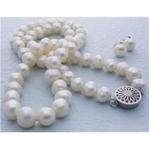 Natural 9-10MM White Akoya Cultured Pearl necklace earrings set 18" word mujer for women -jewelry