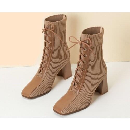 Miaoguan 2021 Autumn Winter New Fashion Stitching Knitted Elastic Stockings Boots High-heeled Short Boots Womens Square Toe 39