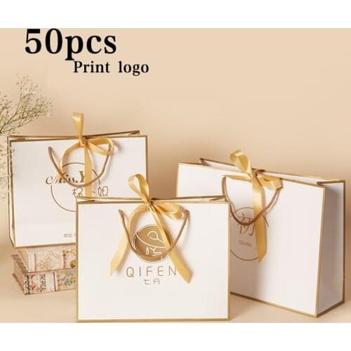 50pcs Customized Logo Gift Bag Box White Black Simple Kraft Paper Candy Box With Handle Wedding Birthday Party Gift Package