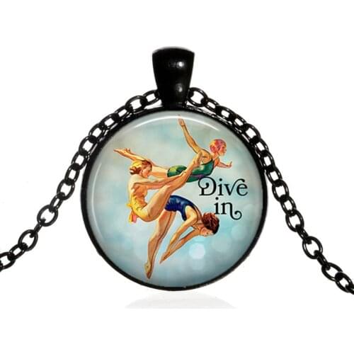 Diver In Subsea Diving Silhouette Necklace Scuba Divers Glass Gem CabochonPendant Frogman Diving Swimming Jewelry