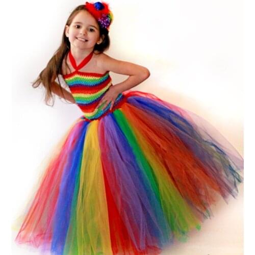 Flowers Girl Rainbow Tutu Dress Birthday Party Halloween Christmas Children Handmade Dress Spring Summer Clothing TS095