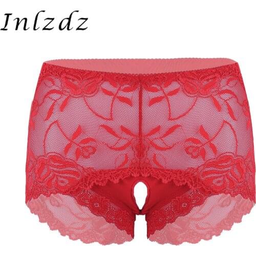 Sexy Womens Lingerie Open Crotch Panties See-through Lace Patchwork Underpants Mid Waist Erotic Hot Crotchless Briefs Underwear