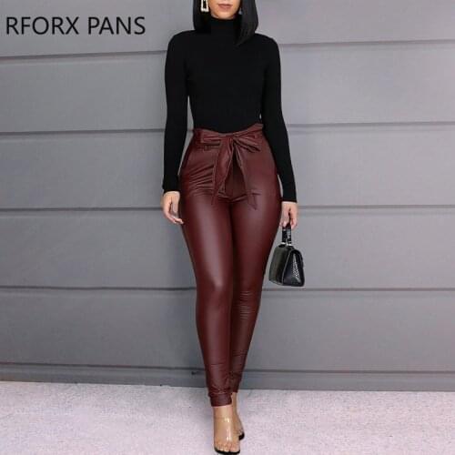 Paperbag Waist Faux Leather Pants Women Pants