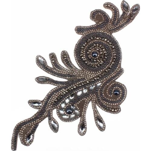 Gray Beaded Crystal Rhinestones Iron on Sticker Pacthes Applique Embellishment Sewing Accessories for Bag Clothes 5piece T1517