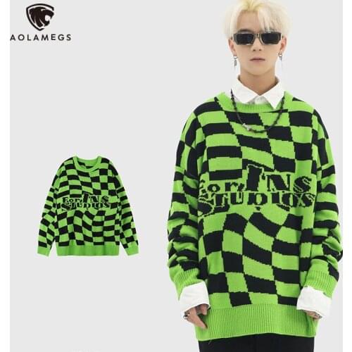 Aolamegs Sweater Men Streetwear Hip Hop Autumn Checkerboard Sweater Loose Oversized Mens Sweaters Harajuku Pullover Tops