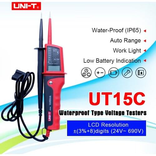 UNI-T UT15C Digital Voltage Meter Waterproof AC/DC Voltage Testers LCD Display 24V~690V Auto Range Phase Rotation Free Shipping