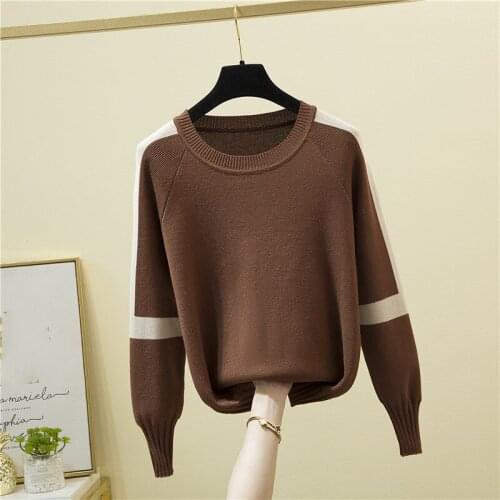 Autumn Winter Long Sleeve Sweater Womens Korean Casual Loose O-Neck Pull Femme Color Contrast Knitted Pullovers Sweaters Women