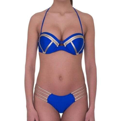 2019 Sexy Bandeau Thong Bikini Set Push Up Swimwear Halter Top for Women Blue Gold Stamping Swimsuit Padded Female Bathing Suit