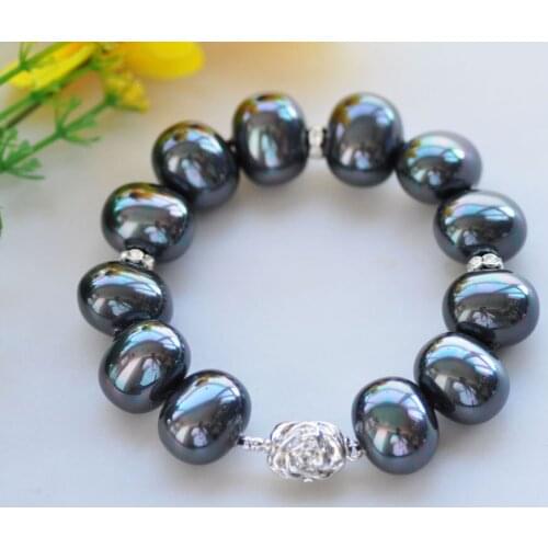 P7574 8" 20mm Peacock-Black Egg Southe Sea Shell Pearl Bracelet