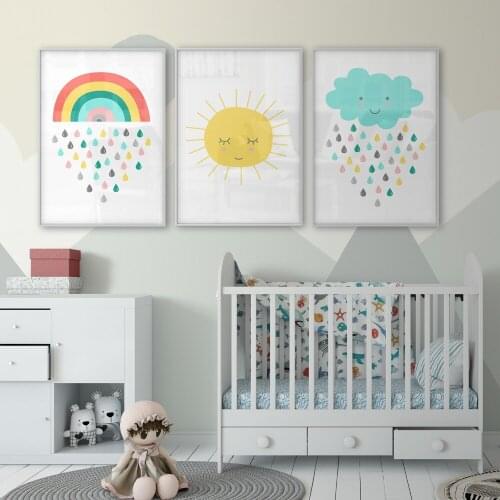 Nursery Decor Gender Neutral Wall Art Sunshine Poster Nursery Art Cloud Rain Canvas Print Rainbow Childrens Baby Room Poster