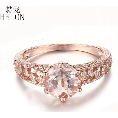 HELON Real 14k Rose Gold Flawless Round 7.5mm Natural Morganite Diamonds Engagement Ring Women Vintage Fine Jewelry Diamond Ring