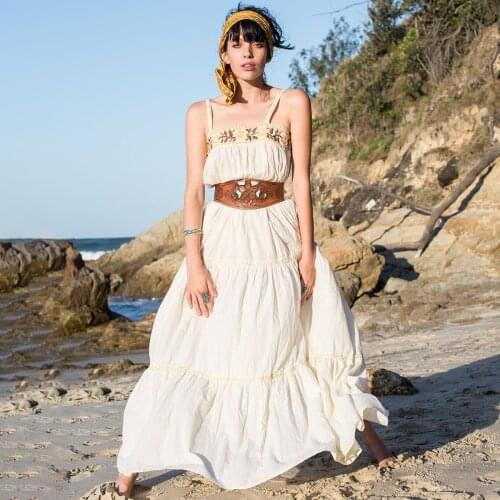 Jastie Retro Boho Floral Embroidery Maxi Dress Strap Sleeveless Summer Sexy Long Dresses Woman Bohemian Casual Beach Vestidos