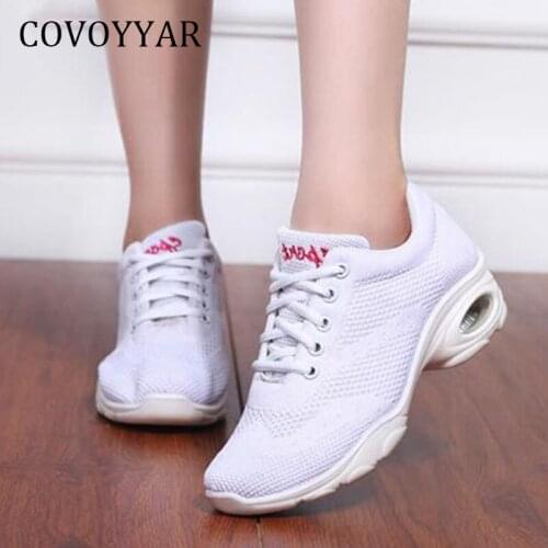 COVOYYAR Shoes Women Wedge Sneakers Platform Casual Shoes Lace Up Breathable Mesh Thick Sole Lady Dance Shoes White Black WSN374