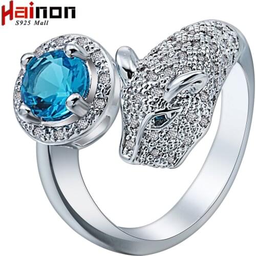 Hot Sale silver Plated leopard head rings Fashion Jewelry animal blue crystal cz men wedding ring for women