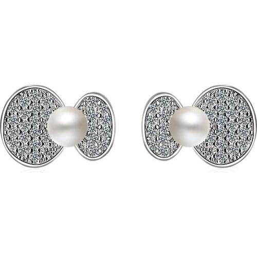 Fashion Hot Sale Wholesale New Design Bowknot Shiny Zircon Pearl 925 Sterling Silver Stud Earrings for Women Jewelry Gift