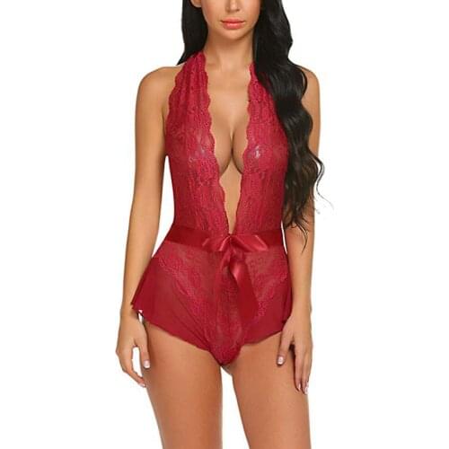 Fashion Top Ladies Sexy Lace Bodysuit Sexy One-Piece Pajamas European And American Sexy Lingerie Black Blue Purple Red Wine