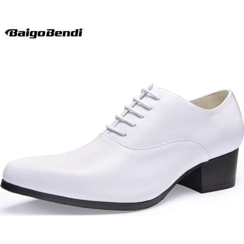 Mens Real Leather Lace Up Height Increasing Shoes Pointed Toe High Heel Shoes Casual Oxfords Man Heighten Wedding Shoes
