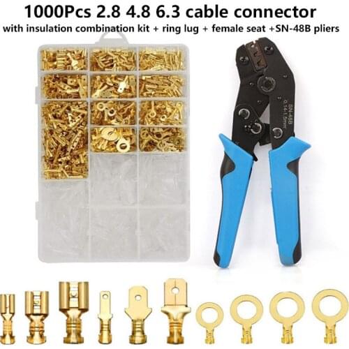 1000Pcs Crimp Terminals 2.8 4.8 6.3 cable connector with insulation combination kit + ring lug + female seat +SN-48B pliers