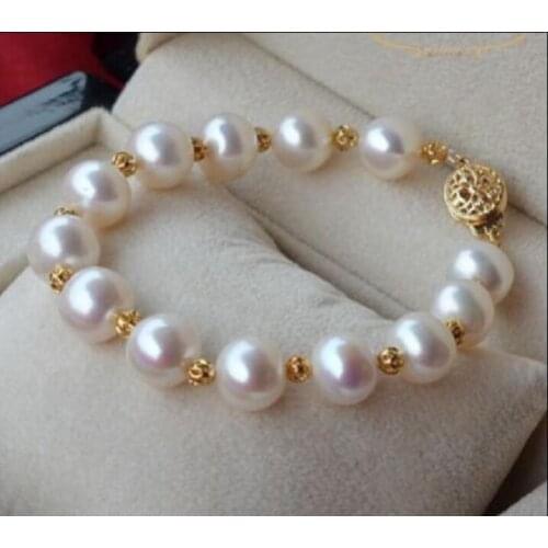 CHARMING 10-11MM ROUND SOUTH SEA WHITE PEARL BRACELET JEWERLY YELLOW GOLD CLASP