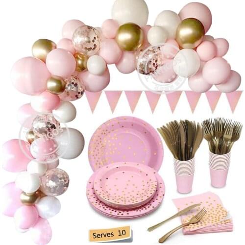 Pink Gold Dot Disposable Tableware Party Decorations Balloons Garland Arch Kit Baby Shower Birthday Party Decorations Supplies