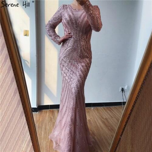 Luxury Pink O-Neck Mermaid Prom Dresses 2020 Dubai Long Sleeves Glitter Prom Gown Serene Hill BLA70248
