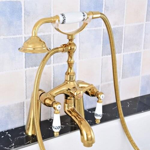 Luxury Gold Bathtub Faucet Dual Handles Bathroom Shower Mixer Tap With Hand Shower Deck Mount Bathroom Faucet Swivel Tub Spout