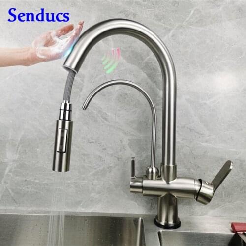 Touch Filter Kitchen Faucets Senducs Brushed Pull Out Kitchen Faucet Sensor Hot Cold Water Tap Smart Touch Kitchen Sink Faucets