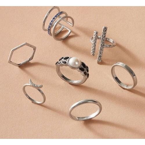 Tocona 7pcs/sets Luxury Pearl Stone Ring Sets for Women Charming Moon Geometric Open Ring Jewelry Gift Accessories 10020