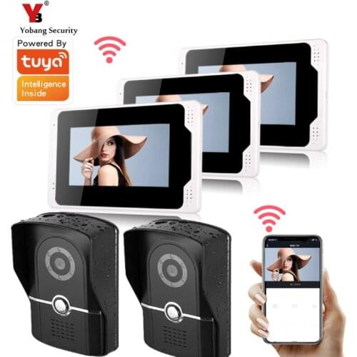 Tuya APP 7 Inch Wired Wifi Video Intercom Doorbell System Smart IP with 3 Monitors Doorbell 2 Camera IR