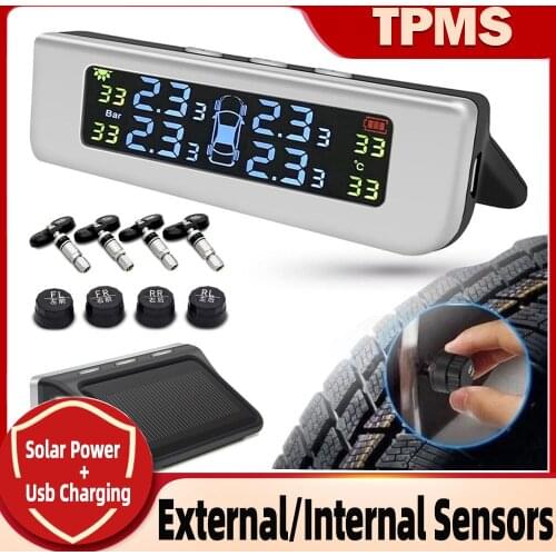 Smart Car Tpms Tire Pressure Monitoring System With Solar Power + Usb Dual Charging Mode Lcd Display Auto Security Sensor
