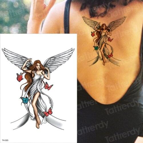 Temporary tattoo sticker White Angel girl butterfly ridden Big long leg beauty girls body arm back wrist tatoo paint makeup gems