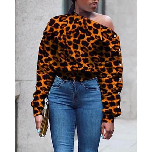 2020 Women Fashion Elegant Casual Skew Neck Long Sleeve Blouse Skew Neck Leopard Print Buttoned Blouse Loose Oversized Plus Size