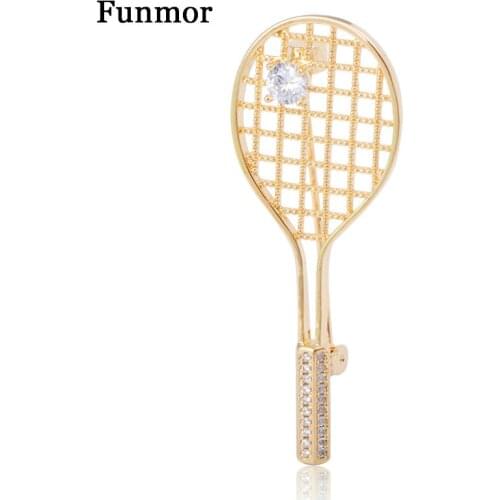 Funmor Casual Badminton Racket Brooches Cubic Zircon Jewelry Women Men T-Shirt Lapel Backpack Pins Daily Clothing Accessory Gift