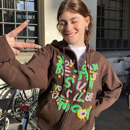 Y2K Brown Autumn Women Hoodie Harajuku Korean Version Vintage Loose Oversized Print Letter Sweatshirts Long-sleeved Hoody