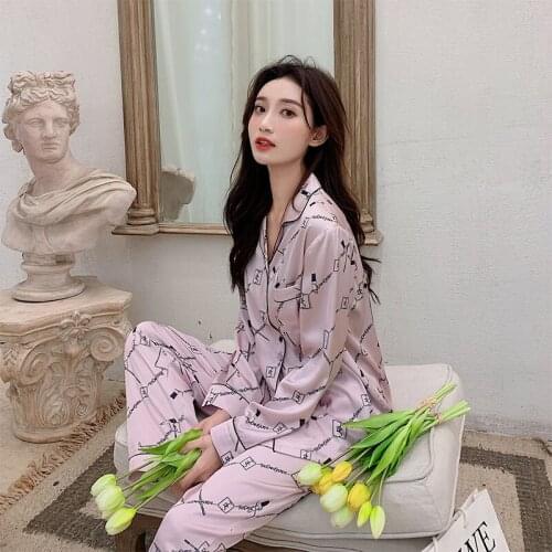 Womens Printed Satin Pajama Set Light Purple Silk Pajamas Suit Female Sleepwear