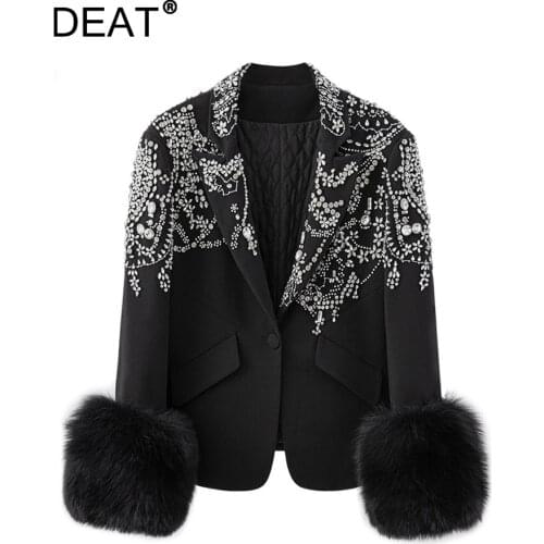 DEAT Women Black Patchwork Diamonds Hairy Blazer New Lapel Long Sleeve Slim Fit Jacket Fashion Tide Spring Autumn 2021 7E1029