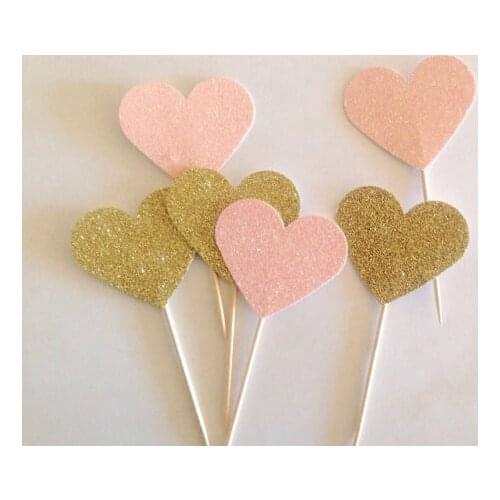 Gold pink glitter heart cupcake toppers, wedding party engagement food picks birthday cake decorations