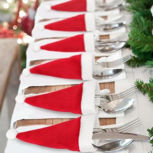 10pcs Pocket Red Santa Hat Christmas Decorations Accessories Kitchen Tableware Holder Christmas Fork Knife Cutlery Holder Bag