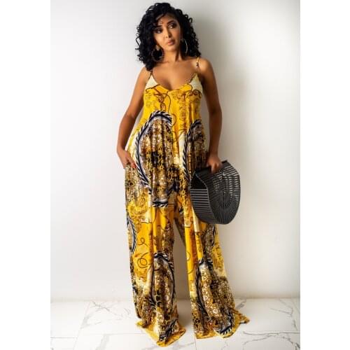 2021 High Quality New Design Jumpsuits Print Spaghetti Strap Sexy Club Loose Rompers