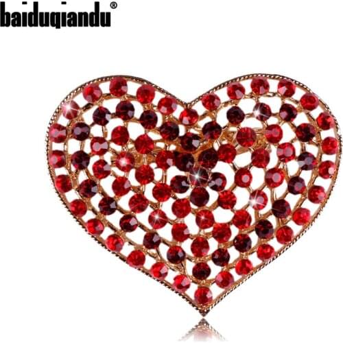 Baiduqiandu Brand Red / Pink / Clear Crystal Rhinestone Heart Brooch Pins for Women Coat Dress Clothes Jewelry Accesseries