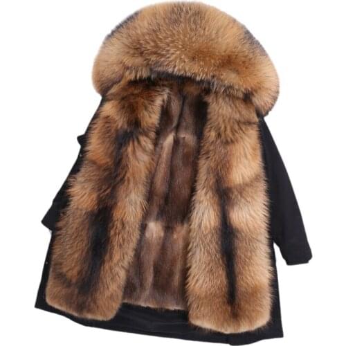 Brand Real Fur Coat Super Big Raccoon Fur Collar Hood Winter Jacket Women Parka Natural Mink Fur Liner Thick Warm Detachable