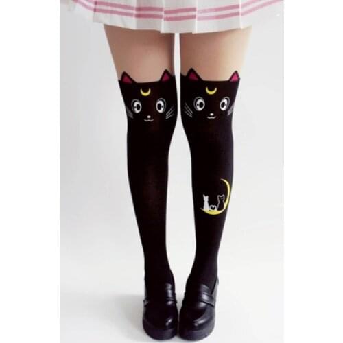 Anime Sailor Moon Print Stocking Cosplay Costume Women Luna Cat Funky Stocking Pantyhose Silk Tights Stockings Black And White