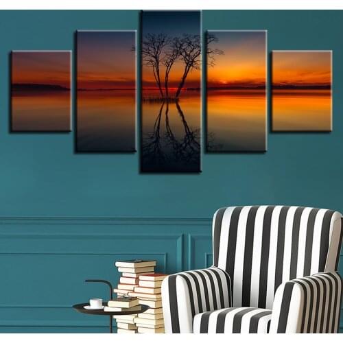 Decoration Living Room Wall Picture 5 Pieces Tree Sunset Landscape Poster Framework Modular Canvas Painting Art Modern HD Prints