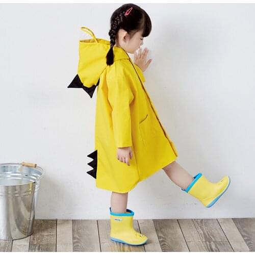 Kids Cute Raincoat Boys Girls Yellow Cartoon Dinosaur Waterproof Rainwear Polyester Windproof Hooded Rainsuit Poncho Rain Coat
